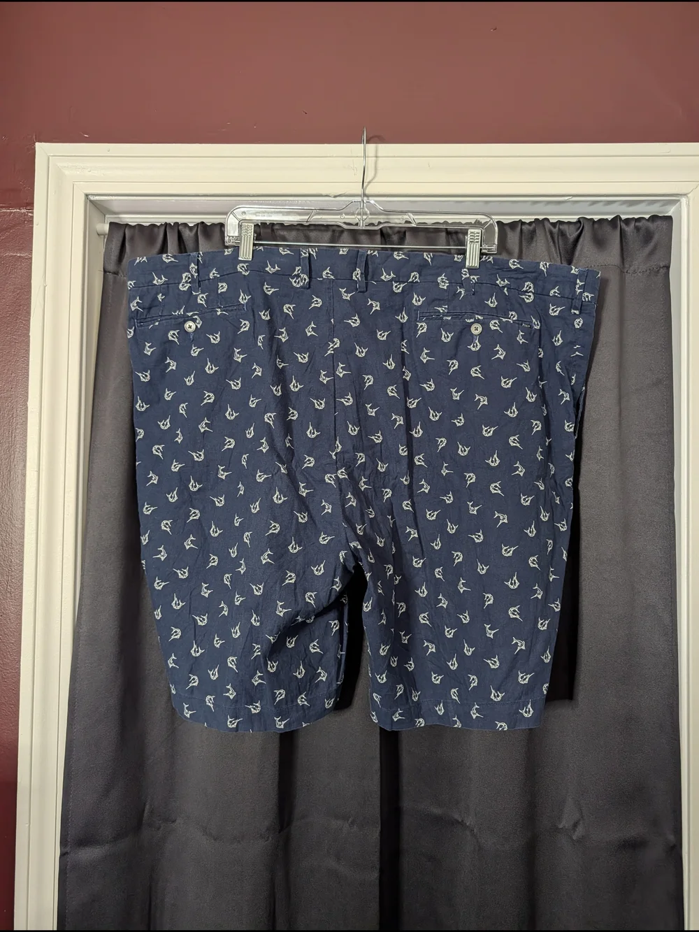 Polo by Ralph Lauren LINEN Navy Blue Fish Patterned Flat Front Shorts 48